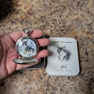 Silver Pocket Watch with Wolf Design